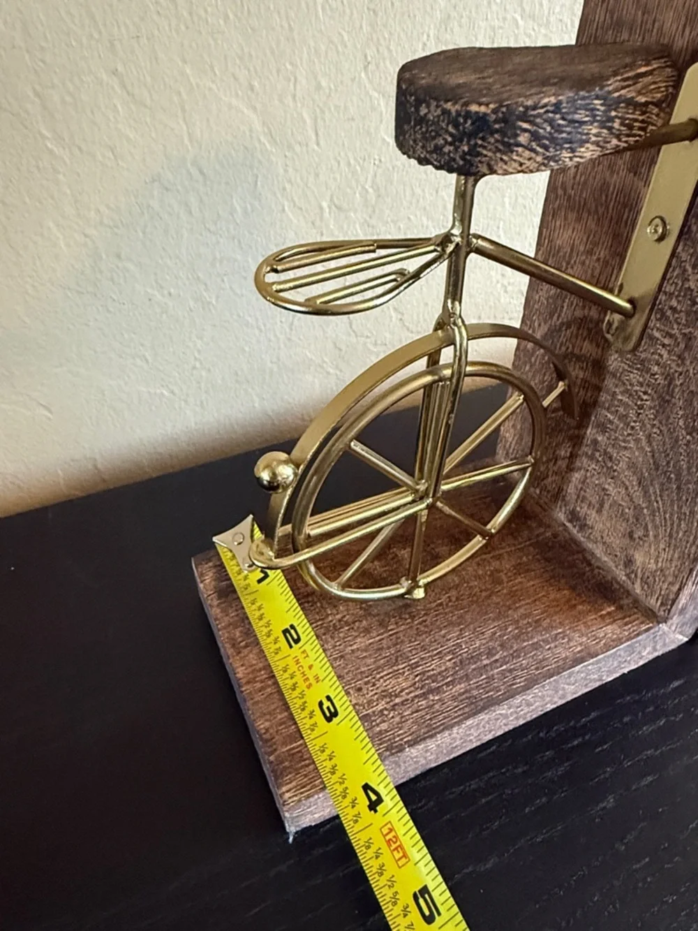 Vintage inspired Gold Metal Bicycle Bookends with Rustic Wood Base - Pair